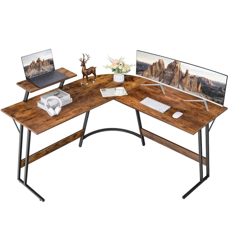 Bureau d'angle en L avec support pour écran, 1 personne, blanc/marron/noir