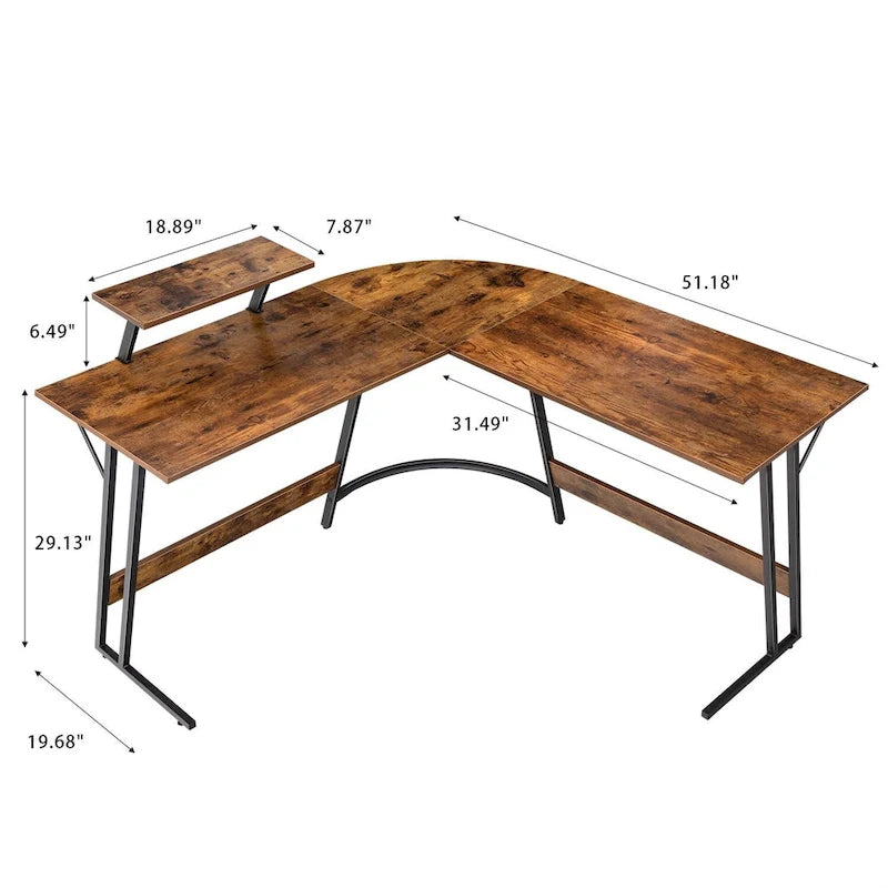 Bureau d'angle en L avec support pour écran, 1 personne, blanc/marron/noir
