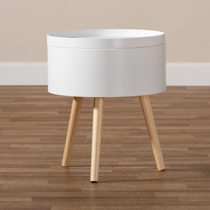 Table d'appoint moderne du milieu du siècle, blanche/grise, avec plateau amovible, simple