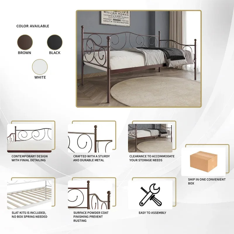 Lit de repos double en métal marron / blanc / noir, 1 personne