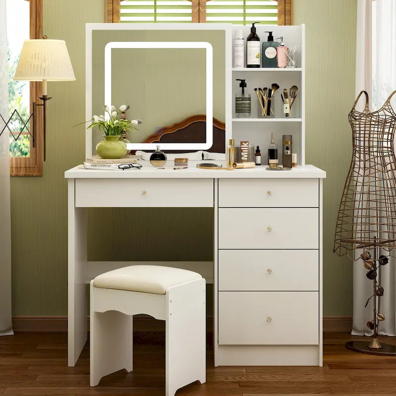 Ensemble coiffeuse blanche avec tabouret et miroir tactile LED, 1 personne