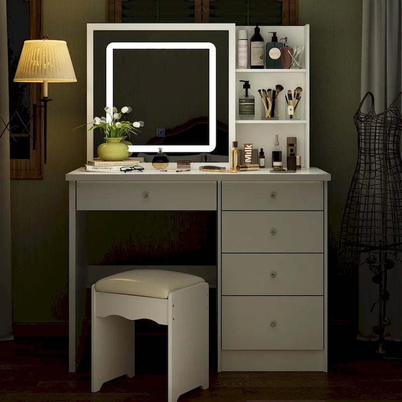 Ensemble coiffeuse blanche avec tabouret et miroir tactile LED, 1 personne