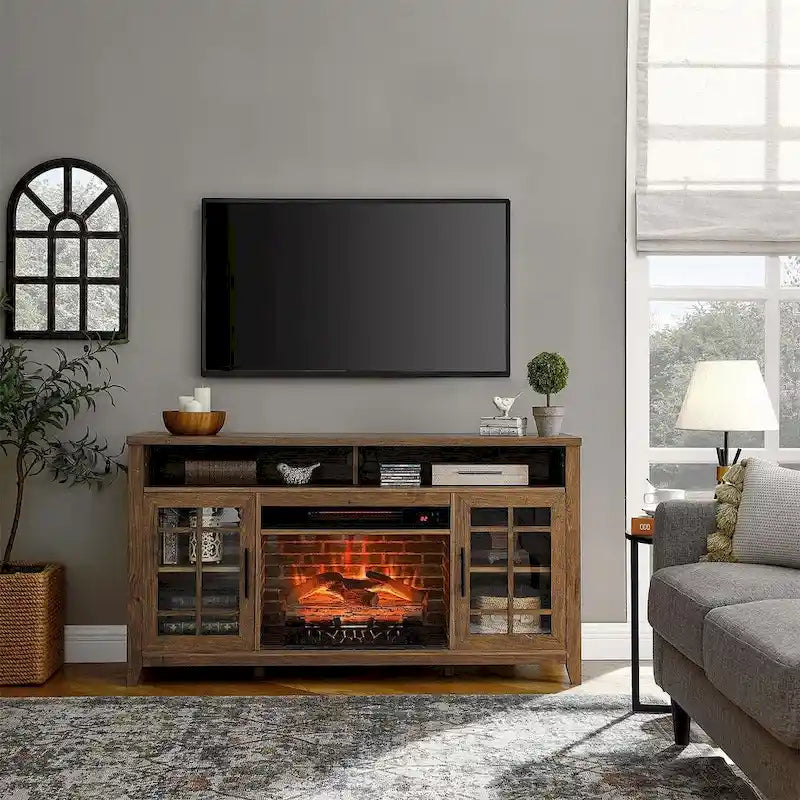 Meuble TV de 55 po avec foyer électrique, gris délavé / bois de grange recyclé, 1 personne