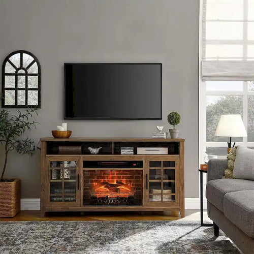 Meuble TV de 55 po avec foyer électrique, gris délavé / bois de grange recyclé, 1 personne