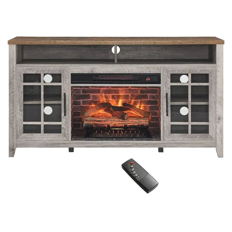 Meuble TV de 55 po avec foyer électrique, gris délavé / bois de grange recyclé, 1 personne