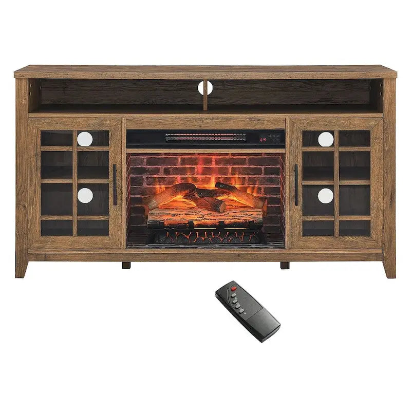 Meuble TV de 55 po avec foyer électrique, gris délavé / bois de grange recyclé, 1 personne