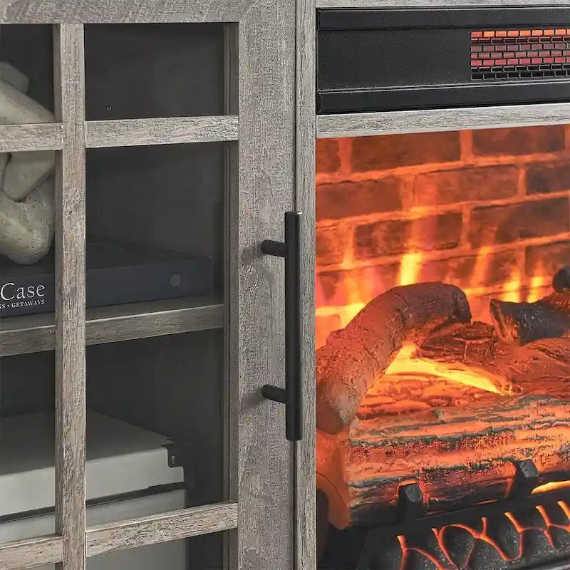 Meuble TV de 55 po avec foyer électrique, gris délavé / bois de grange recyclé, 1 personne