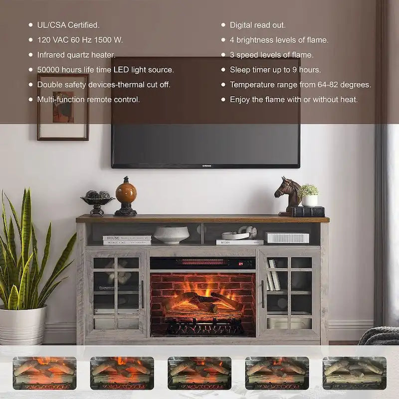 Meuble TV de 55 po avec foyer électrique, gris délavé / bois de grange recyclé, 1 personne