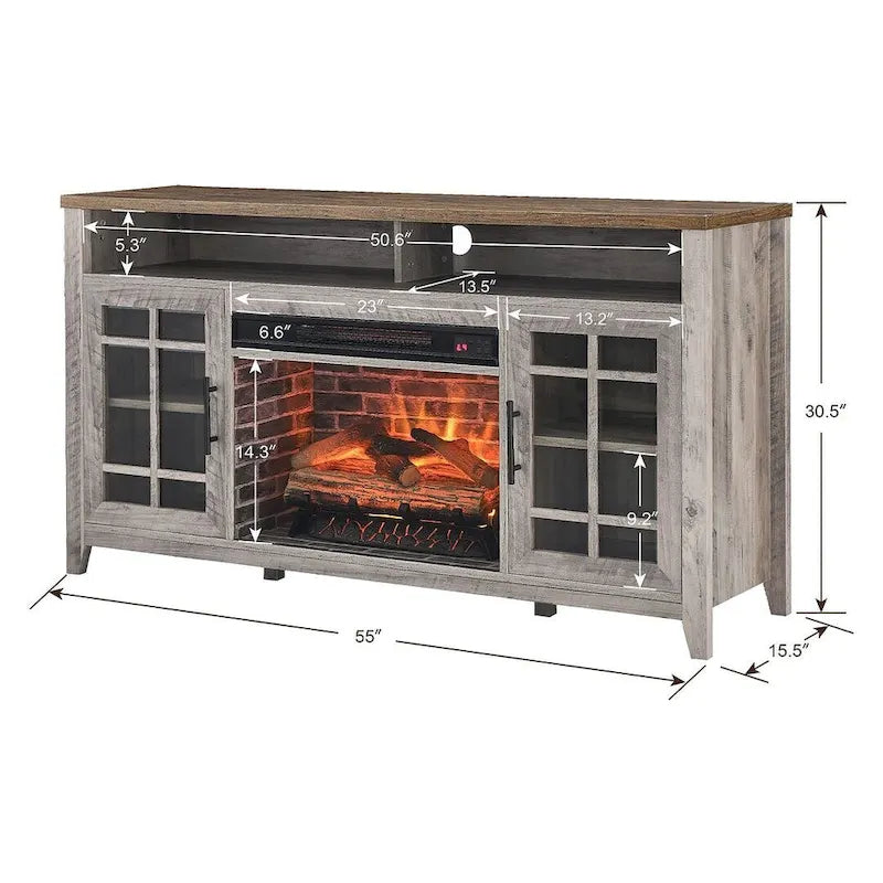 Meuble TV de 55 po avec foyer électrique, gris délavé / bois de grange recyclé, 1 personne