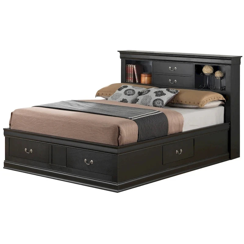 Lit de rangement traditionnel Queen en noir/cerise/blanc/gris/cappuccino pour 1 personne