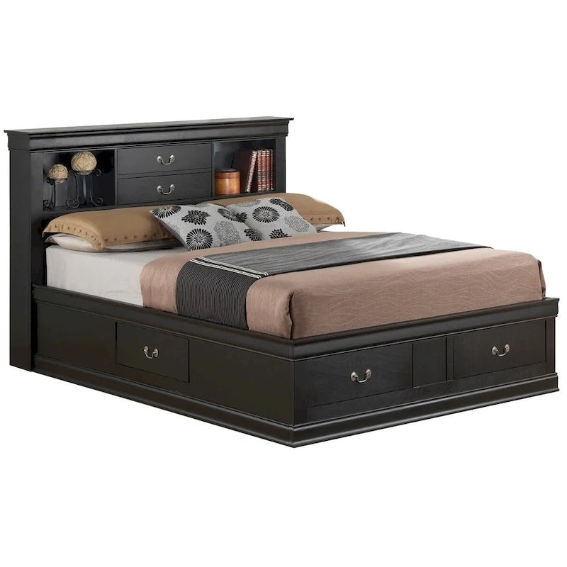 Lit de rangement traditionnel Queen en noir/cerise/blanc/gris/cappuccino pour 1 personne