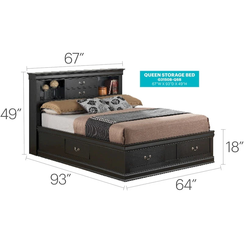 Lit de rangement traditionnel Queen en noir/cerise/blanc/gris/cappuccino pour 1 personne