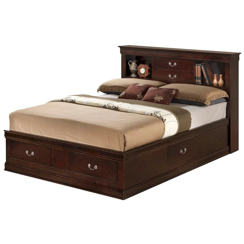 Lit de rangement traditionnel Queen en noir/cerise/blanc/gris/cappuccino pour 1 personne