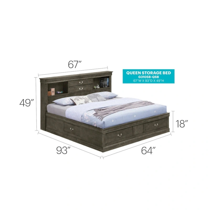 Lit de rangement traditionnel Queen en noir/cerise/blanc/gris/cappuccino pour 1 personne