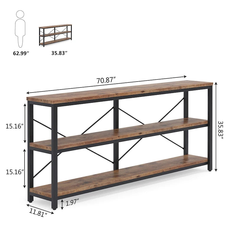 Table console à 3 niveaux marron/blanc/gris, pieds métalliques en X, assemblage par 1 personne