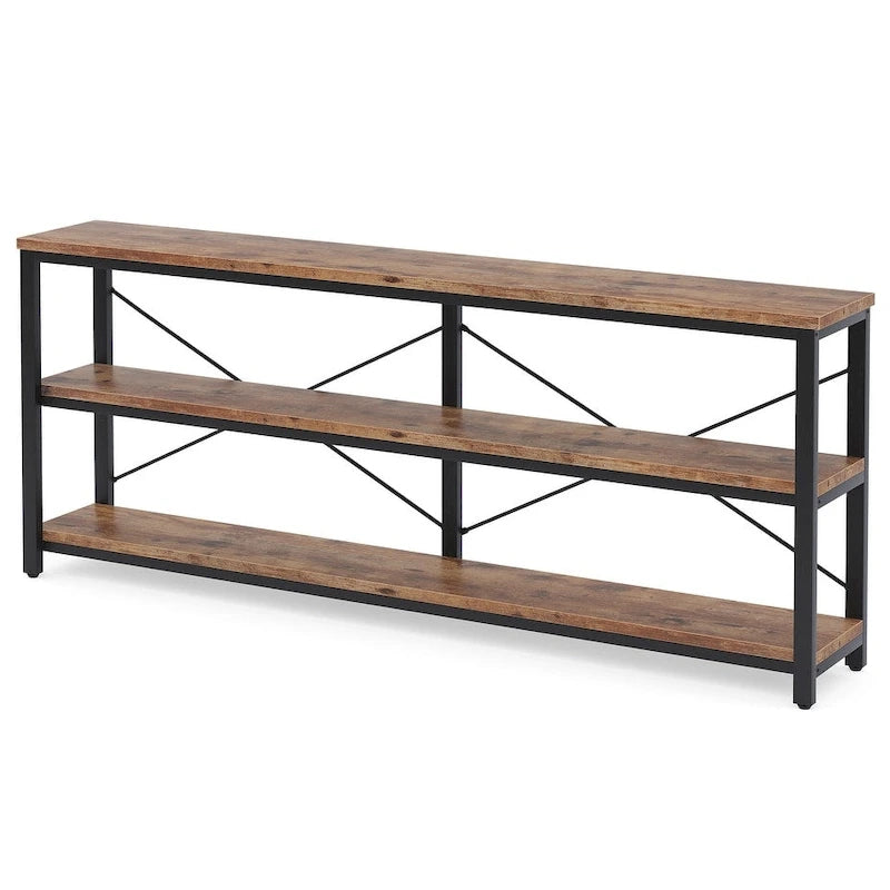 Table console à 3 niveaux marron/blanc/gris, pieds métalliques en X, assemblage par 1 personne