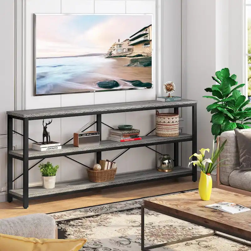 Table console à 3 niveaux marron/blanc/gris, pieds métalliques en X, assemblage par 1 personne