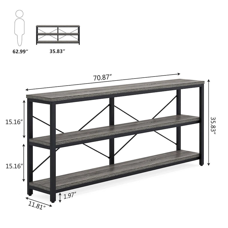 Table console à 3 niveaux marron/blanc/gris, pieds métalliques en X, assemblage par 1 personne