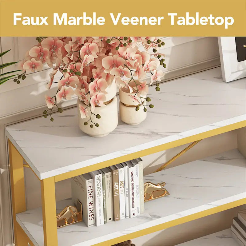 Table console à 3 niveaux marron/blanc/gris, pieds métalliques en X, assemblage par 1 personne