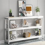 Table console à 3 niveaux marron/blanc/gris, pieds métalliques en X, assemblage par 1 personne