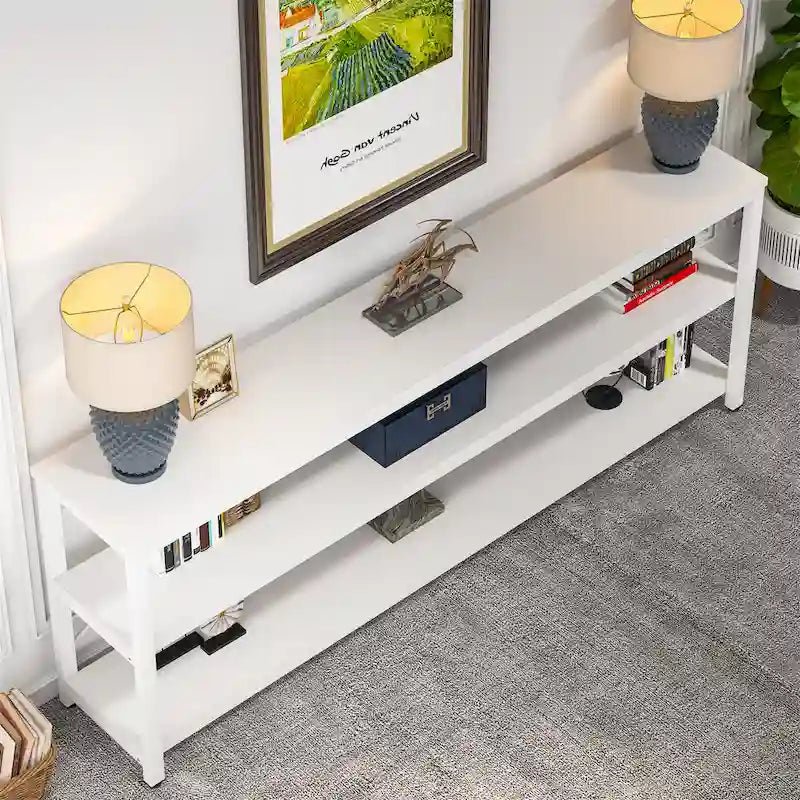 Table console à 3 niveaux marron/blanc/gris, pieds métalliques en X, assemblage par 1 personne