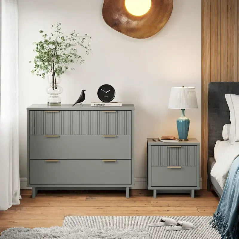 Ensemble commode et table de chevet 2 pièces – Style nervuré moderne, 6 couleurs, 1 chambre