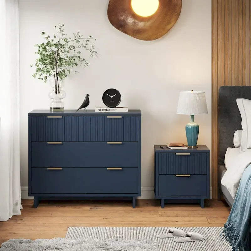 Ensemble commode et table de chevet 2 pièces – Style nervuré moderne, 6 couleurs, 1 chambre