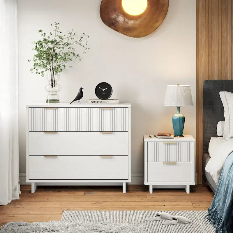 Ensemble commode et table de chevet 2 pièces – Style nervuré moderne, 6 couleurs, 1 chambre