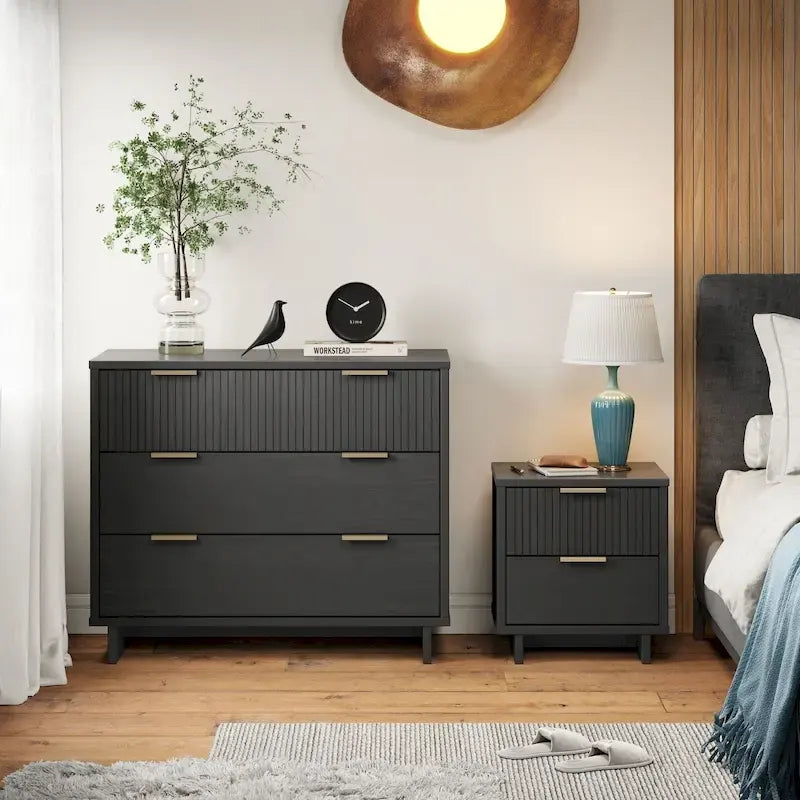 Ensemble commode et table de chevet 2 pièces – Style nervuré moderne, 6 couleurs, 1 chambre