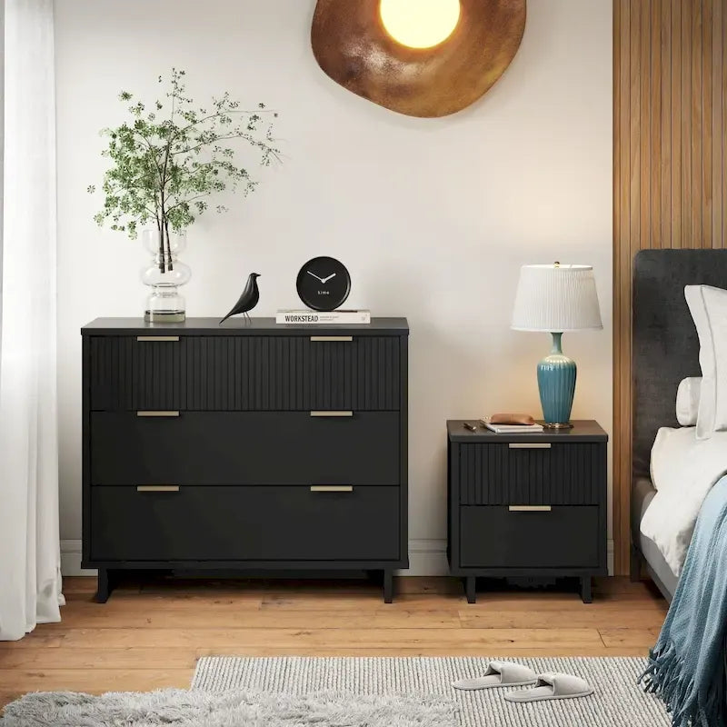 Ensemble commode et table de chevet 2 pièces – Style nervuré moderne, 6 couleurs, 1 chambre