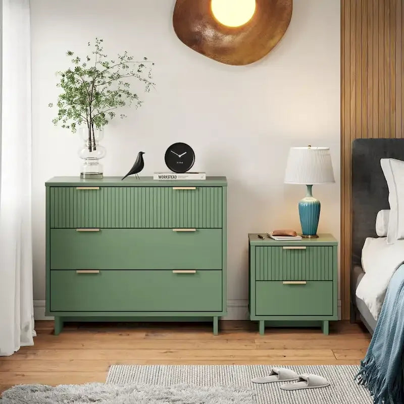 Ensemble commode et table de chevet 2 pièces – Style nervuré moderne, 6 couleurs, 1 chambre