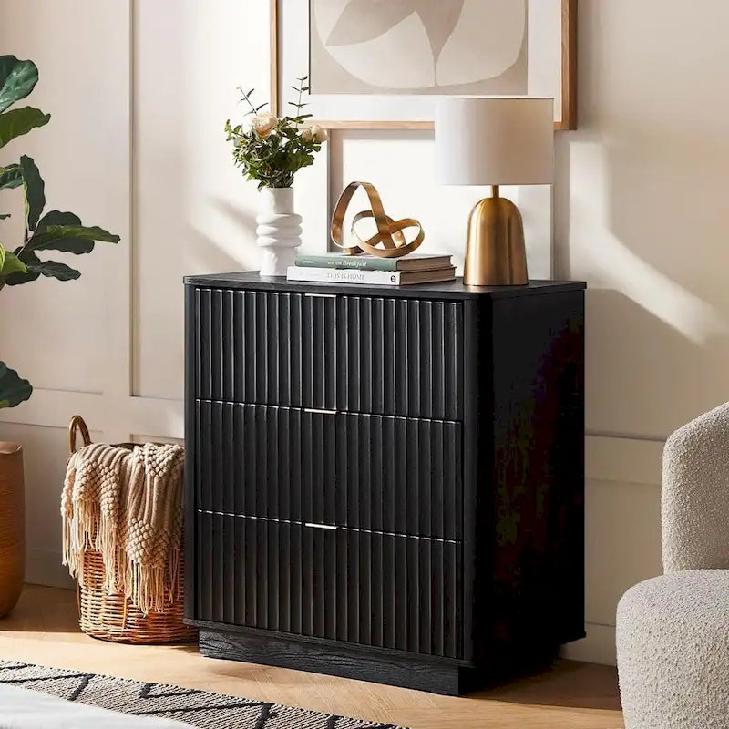 Commode cannelée à 3 tiroirs en noyer naturel / chêne doré / chêne noir, 1 personne
