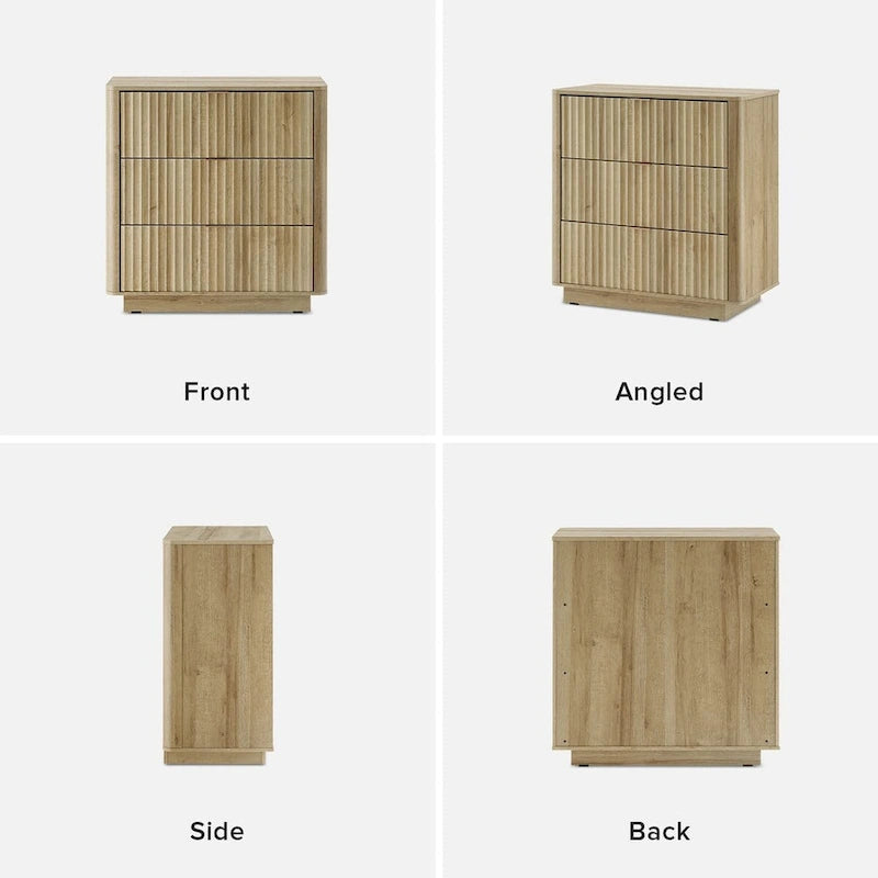 Commode cannelée à 3 tiroirs en noyer naturel / chêne doré / chêne noir, 1 personne