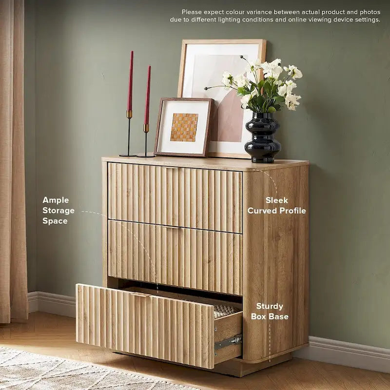 Commode cannelée à 3 tiroirs en noyer naturel / chêne doré / chêne noir, 1 personne