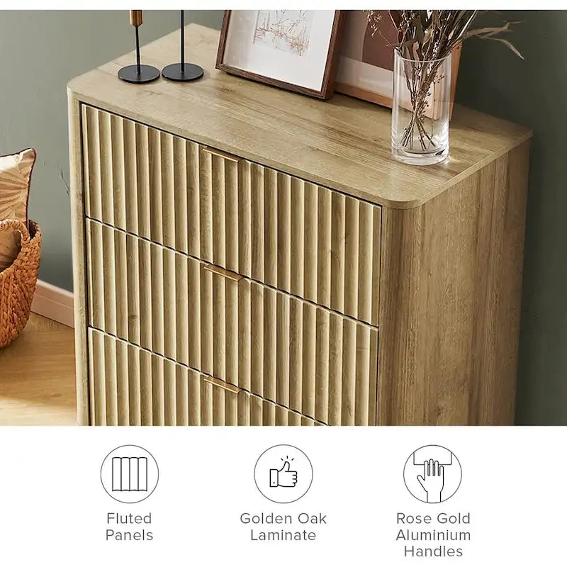Commode cannelée à 3 tiroirs en noyer naturel / chêne doré / chêne noir, 1 personne