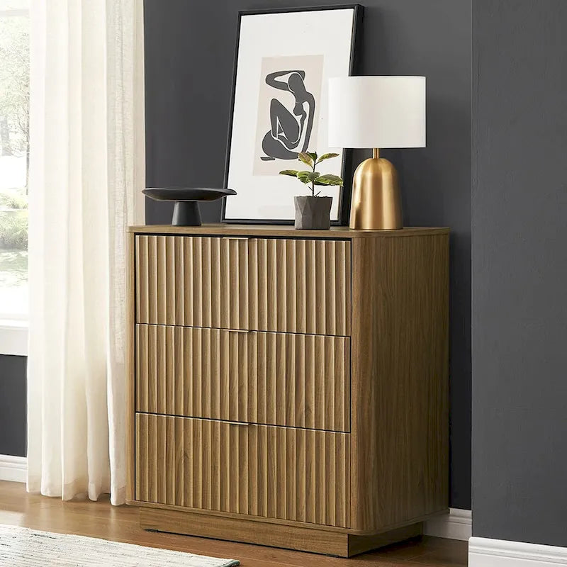 Commode cannelée à 3 tiroirs en noyer naturel / chêne doré / chêne noir, 1 personne
