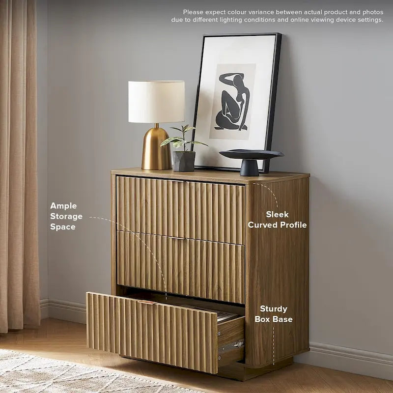 Commode cannelée à 3 tiroirs en noyer naturel / chêne doré / chêne noir, 1 personne