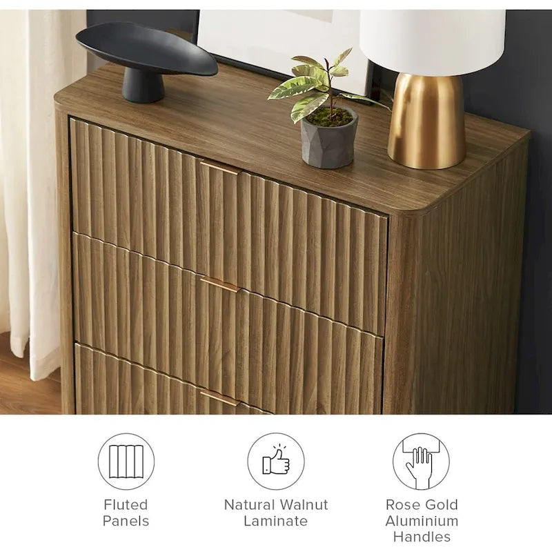 Commode cannelée à 3 tiroirs en noyer naturel / chêne doré / chêne noir, 1 personne
