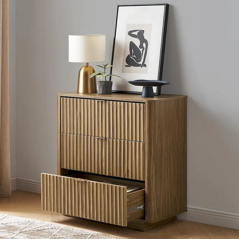 Commode cannelée à 3 tiroirs en noyer naturel / chêne doré / chêne noir, 1 personne