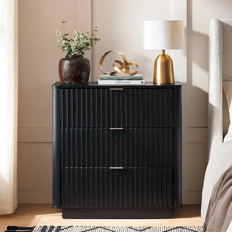 Commode cannelée à 3 tiroirs en noyer naturel / chêne doré / chêne noir, 1 personne