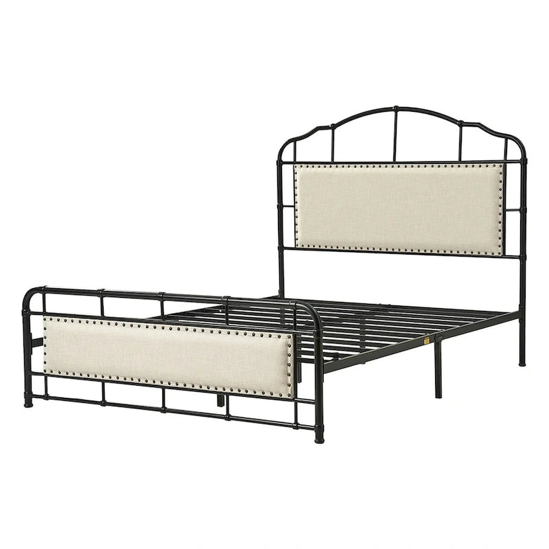 Lit plateforme en métal industriel avec tête de lit haute – Beige / Marron / Rayures, Queen, 1-2 personnes