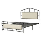 Lit plateforme en métal industriel avec tête de lit haute – Beige / Marron / Rayures, Queen, 1-2 personnes