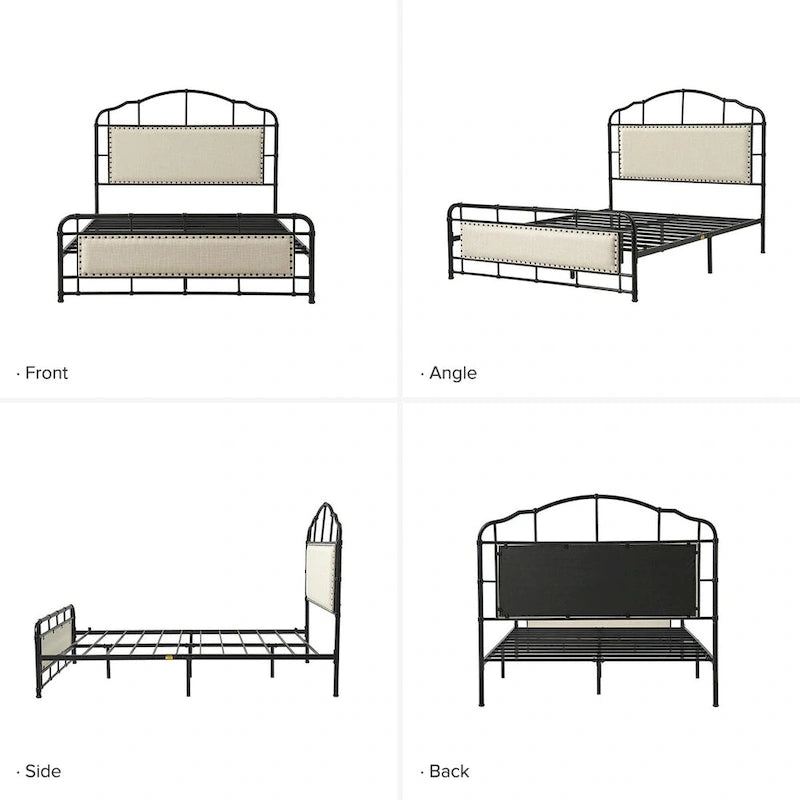 Lit plateforme en métal industriel avec tête de lit haute – Beige / Marron / Rayures, Queen, 1-2 personnes