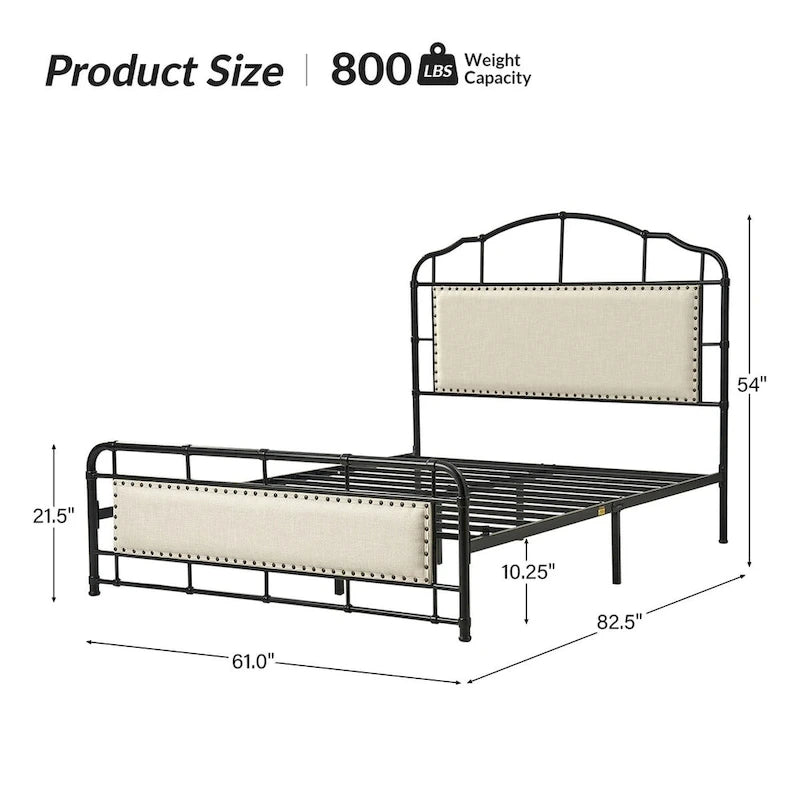 Lit plateforme en métal industriel avec tête de lit haute – Beige / Marron / Rayures, Queen, 1-2 personnes