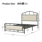 Lit plateforme en métal industriel avec tête de lit haute – Beige / Marron / Rayures, Queen, 1-2 personnes