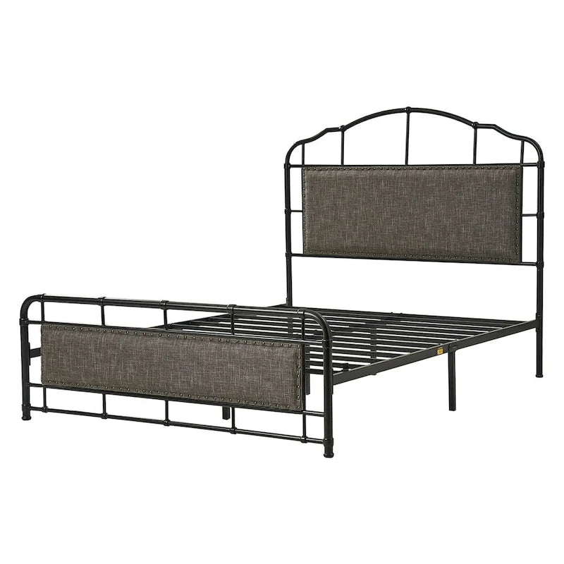 Lit plateforme en métal industriel avec tête de lit haute – Beige / Marron / Rayures, Queen, 1-2 personnes