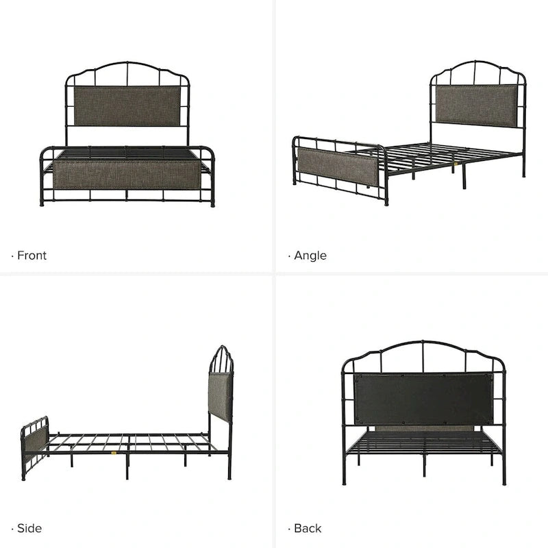 Lit plateforme en métal industriel avec tête de lit haute – Beige / Marron / Rayures, Queen, 1-2 personnes