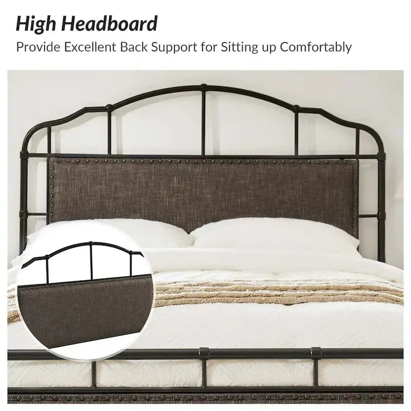 Lit plateforme en métal industriel avec tête de lit haute – Beige / Marron / Rayures, Queen, 1-2 personnes