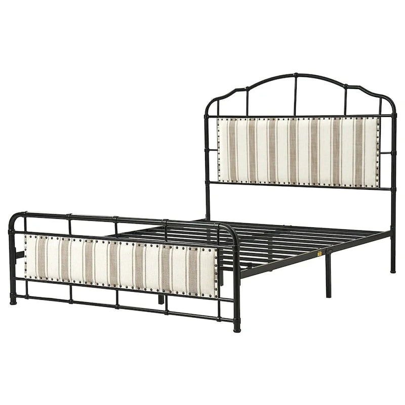 Lit plateforme en métal industriel avec tête de lit haute – Beige / Marron / Rayures, Queen, 1-2 personnes
