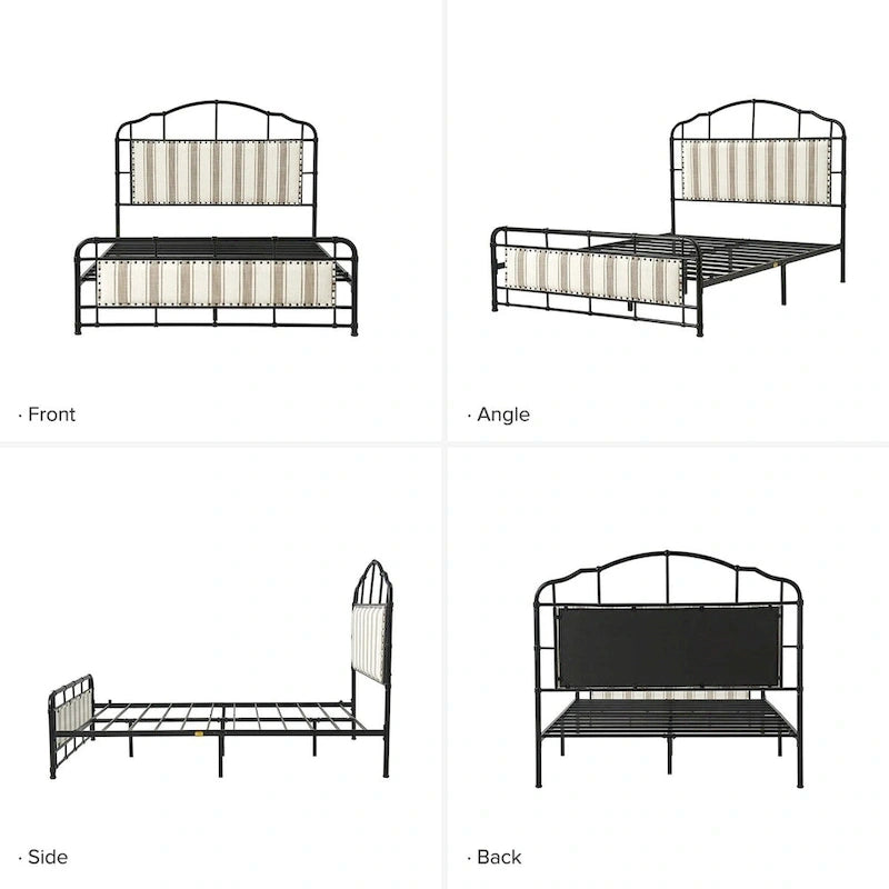 Lit plateforme en métal industriel avec tête de lit haute – Beige / Marron / Rayures, Queen, 1-2 personnes